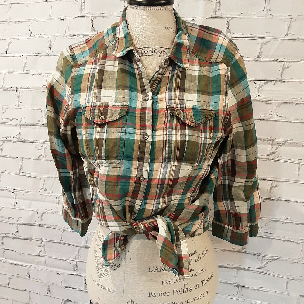 EDDIE BAUER PLAID LINEN SHIRT SZ LRG